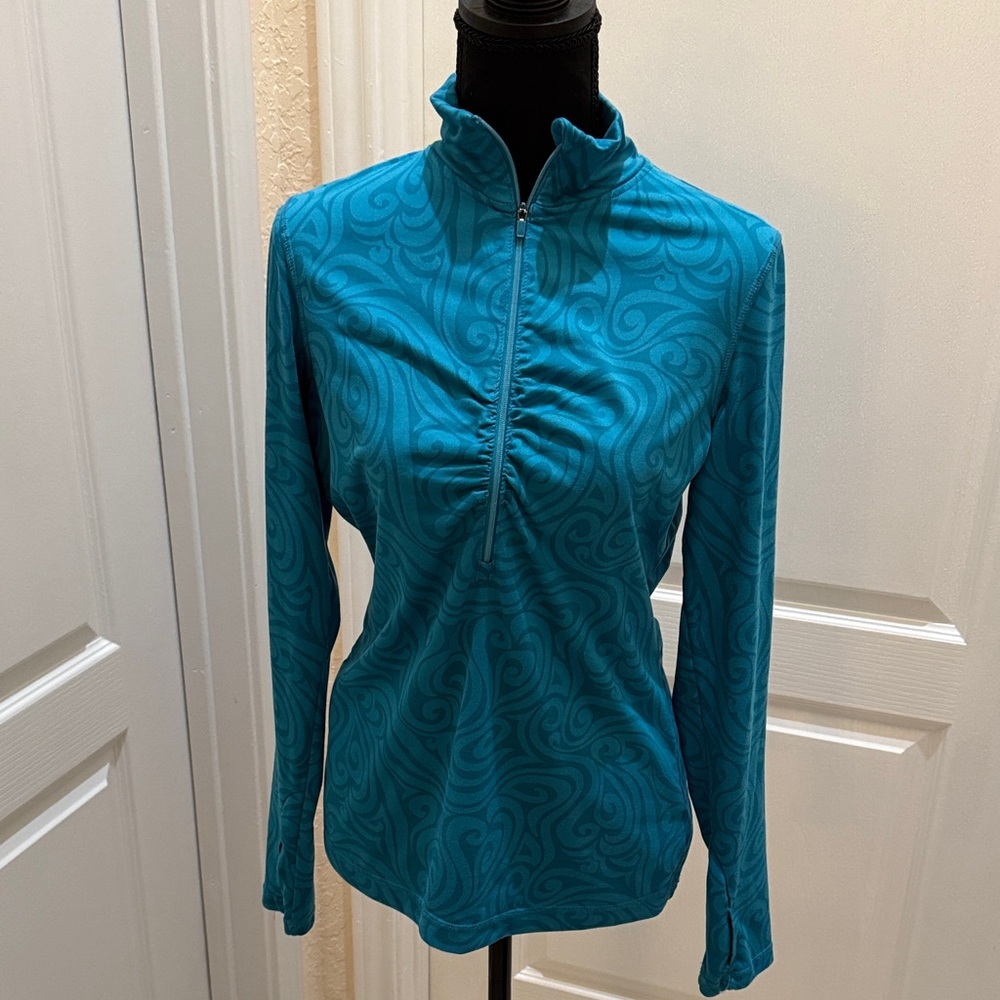 Athleta Teal Patterned Zip Front Top - image 1